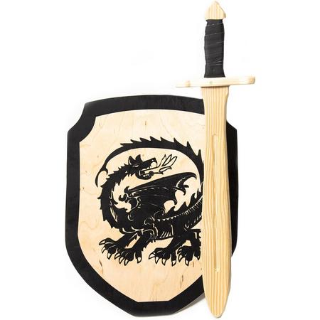 Houten struikrover zwaard en ridderschild met zwarte draak