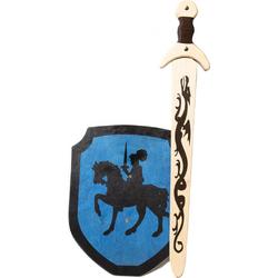 houten zwaard met schede en Schild Blauw ridder te paard