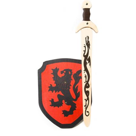 houten zwaard met schede en ridderschild rood zwarte leeuw