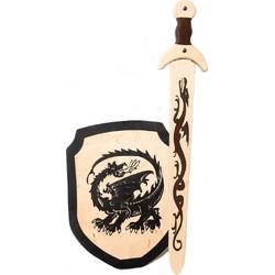 houten zwaard met schede en ridderschild zwarte draak