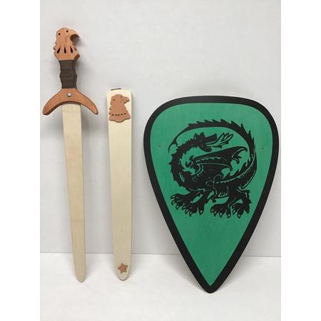 houtenzwaard met schede adelaar en ridderschild groen met draak kinderzwaard houten ridder zwaard schild