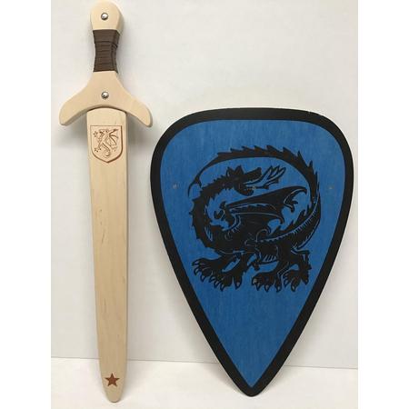 zwaard met schede draak en ridderschild blauw met draak