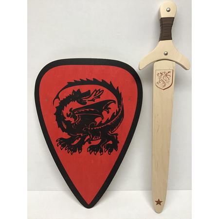zwaard met schede draak en ridderschild rood met draak