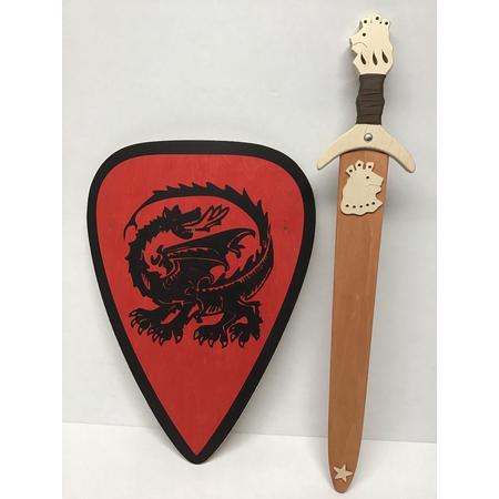 zwaard met schede leeuw en ridderschild rood met draak