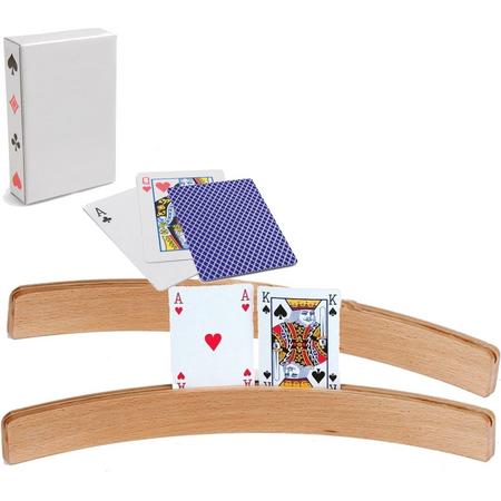 2x Speelkaartenhouders / kaartenstandaarden - Inclusief 54 speelkaarten blauw - Hout - 3,5 x 8,5 x 46,0 cm - Standaarden