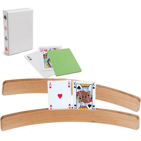 6x Speelkaartenhouders / kaartenstandaarden - Inclusief 54 speelkaarten groen - Hout - 3,5 x 8,5 x 46,0 cm - Standaarden