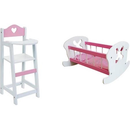 Poppen Kinderstoeltje Hout Wit met Roze -HARTJE en een Poppenbedje hout wit met roze inclusief bekleding  2 voor de prijs van 1