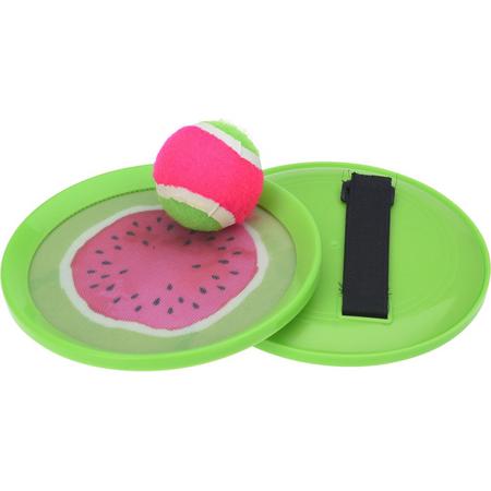 Strand vangbal spel met klittenband meloen groen/roze 18.5 cm - Strand en camping sport speelgoed