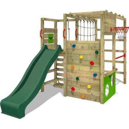 FATMOOSE Klimtoren ActionArena met groene glijbaan, Houten speeltoestel, klimrek met klimwand voor kinderen