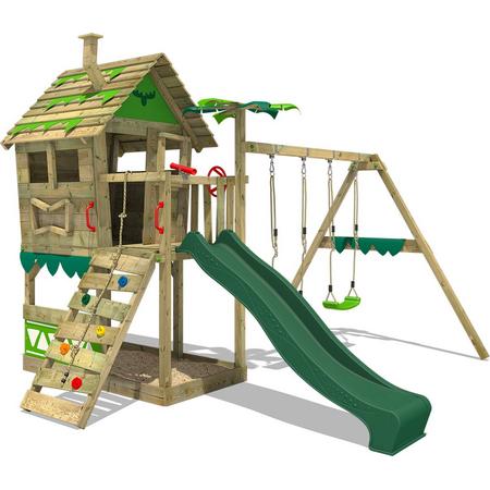 FATMOOSE Speeltoestel JungleJumbo - Speeltoren met groene glijbaan, klimwand, schommel en schommel