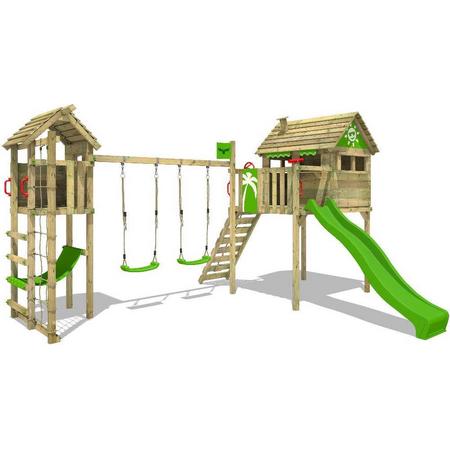 FATMOOSE Speeltoestel voor tuin FunFactory met schommel, TowerSwing en appelgroene glijbaan, Houten speeltuig, Speelhuis voor buiten met klimladder voor kinderen