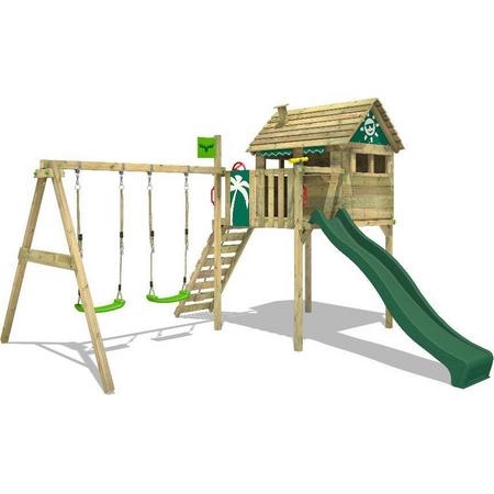 FATMOOSE Speeltoestel voor tuin FunFactory met schommel en groene glijbaan, Houten speeltuig, Speelhuis voor buiten met klimladder voor kinderen