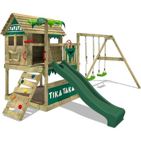 FATMOOSE Speeltoestel voor tuin TikaTaka met schommel en groene glijbaan, Houten speeltuig, Speelhuis voor buiten met zandbak en klimladder voor kinderen