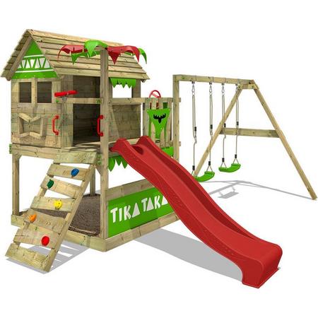 FATMOOSE Speeltoestel voor tuin TikaTaka met schommel en rode glijbaan, Houten speeltuig, Speelhuis voor buiten met zandbak en klimladder voor kinderen