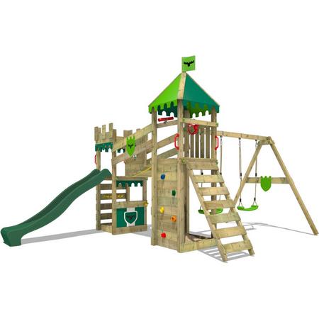 FATMOOSE speeltoestel Ridderkasteel RiverRun Royal met schommel en groene glijbaan, outdoor kinderklimtoren met zandbak, ladder & speelaccessoires voor de tuin
