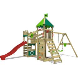 FATMOOSE speeltoestel Ridderkasteel RiverRun Royal met schommel en rode glijbaan, outdoor kinderklimtoren met zandbak, ladder & speelaccessoires voor de tuin