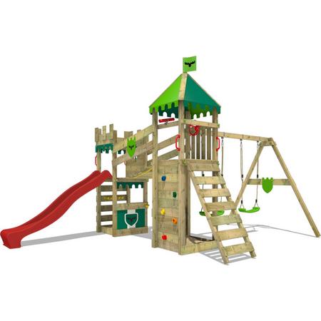 FATMOOSE speeltoestel Ridderkasteel RiverRun Royal met schommel en rode glijbaan, outdoor kinderklimtoren met zandbak, ladder & speelaccessoires voor de tuin