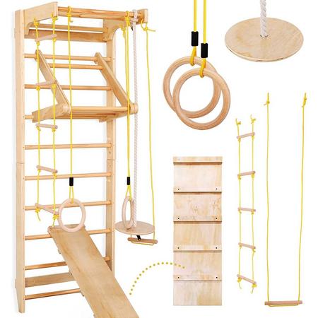 Klimrek - Klimwand - Turnrek - Klimtoestel - Klimtoren - Sportwand - Gymzaal - Voor kinderen en volwassenen - Met ringen - Hout - Tot 150 kg - 220 x 80 cm - Beige
