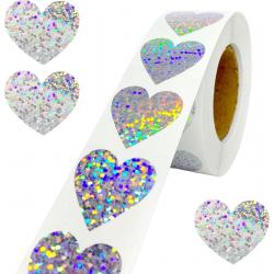 Fako Bijoux® - 500 Stickers Op Rol - 2.5cm - Hart Zilver Glitter - Beloningsstickers - Stickers Kinderen - Sluitsticker - Sluitzegel - 25mm