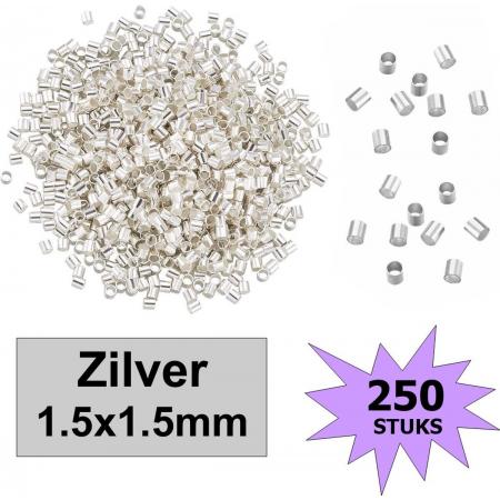 Fako Bijoux® - Knijpkralen - Crimp Beads - Metaal - Tube - 1.5x1.5mm - 250 Stuks - Zilverkleurig