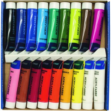 Acrylverf, 18 tubes a 36 ml, 17 matte kleuren.