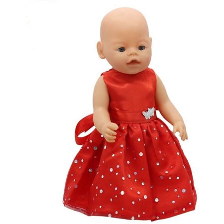 Poppen kleding - Rood jurkje met vlinders en pailletten - Past op Baby Born en andere poppen 39 tot 45 cm.