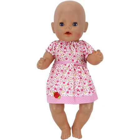 Poppenkleding voor babypop - Roze jurkje met roosjes - Past op pop tot 43CM