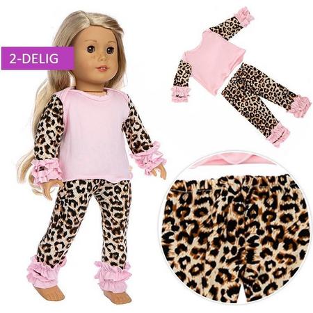 Poppenkleding voor meisjes pop - Roze met luipaardprint - Broek en shirt met stretch - Past op baby born