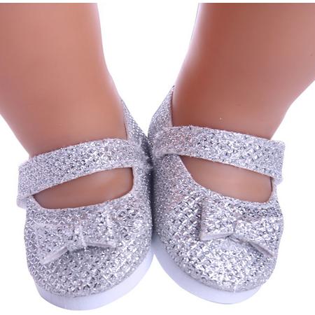 Schoentjes voor Baby born - Zilveren schoenen met strikje - Poppenschoentjes 7 cm