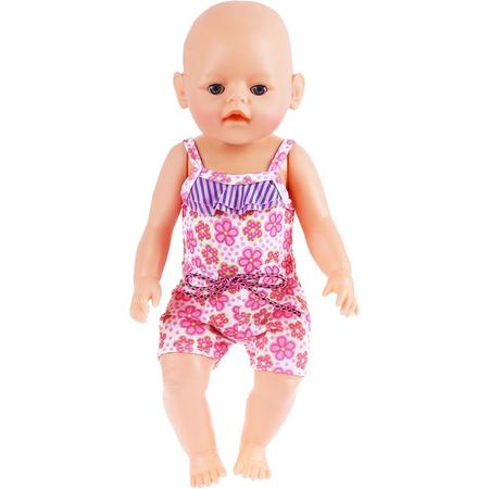 Strandkleding voor babypop zoals Baby Born - Badpak met roze bloemetjes - Poppenkleertjes voor pop met lengte tussen 40 en 45 cm