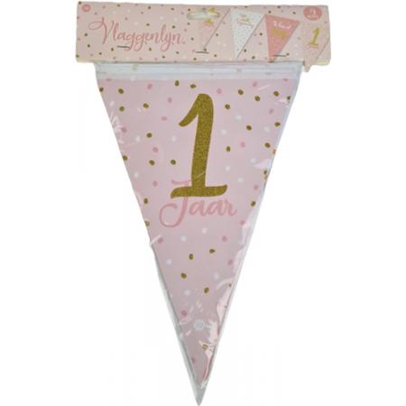 Één jaar verjaardag vlaggenlijn - Slinger - Roze - Verjaardag - Feest - Herbruikbaar - 4 Meter
