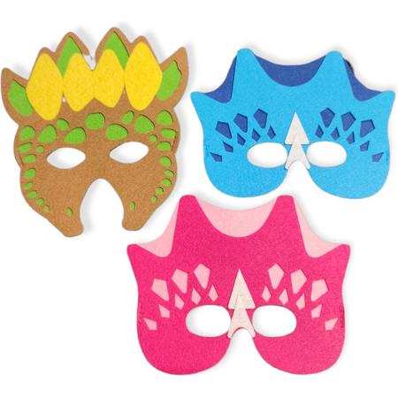 Dino maskers - Set van 3 stuks - Mix van kleuren - Verkleedmaskers - Van comfortabel en hoogwaardig vilt - Dino jongens en meisjes - Dinosaurus - Dino kinderfeest