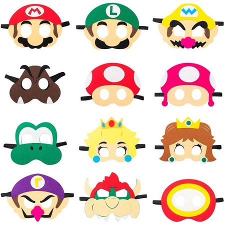 Super Mario maskers van hoogwaardig vilt - Set van 12 stuks - Mix van Super Mario karakters - Super mario - Luigi