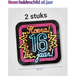 2 x Huldebord Hoera 16 Jaar, Neon Kleuren, Verjaardag, Wanddecoratie.