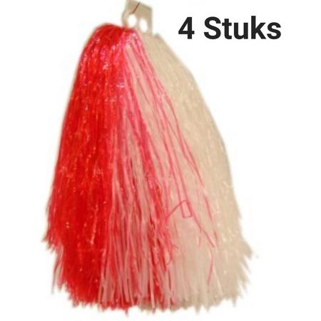 4 x Stuks cheerball/pompom Rood/ Wit met ringgreep 23 cm voor kinderen / Volwassenen - Cheerleader verkleed accessoires
