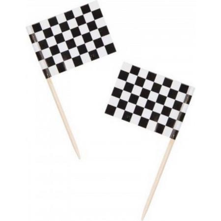 50x Cocktailprikkers race/finish vlag 7 cm vlaggetjes decoratie - Wegwerp prikkertjes - Formule 1/autoracen thema