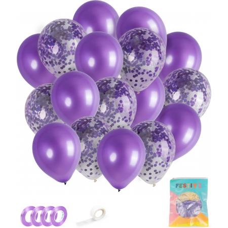 Festivz 40 stuks Paars  Ballonnen met Lint – Decoratie – Feestversiering - Papieren Confetti – Purple - Purple Latex - Verjaardag - Bruiloft - Feest