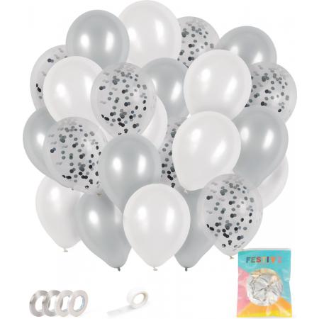 Festivz 40 stuks Zilver Ballonnen met Lint – Decoratie – Feestversiering - Papieren Confetti – Silver - Silver Latex - Verjaardag - Bruiloft - Feest