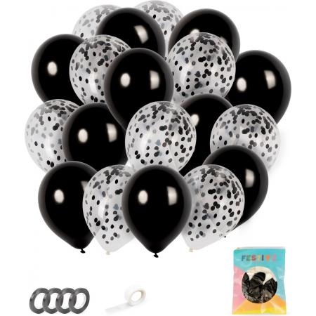 Festivz 40 stuks Zwart  Ballonnen met Lint – Decoratie – Feestversiering - Papieren Confetti – Black - Black Latex - Verjaardag - Bruiloft - Feest