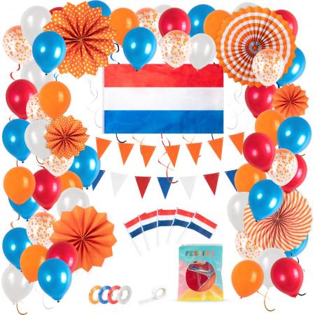Festivz Nederlands Elftal Compleet Set – Decoratie – Feestversiering – Rood - Wit - Blauw - Oranje - Latex - Oranje - Orange Latex - Papieren Confetti - Nederlands Elftal - Feest - WK2022 - Voetbal