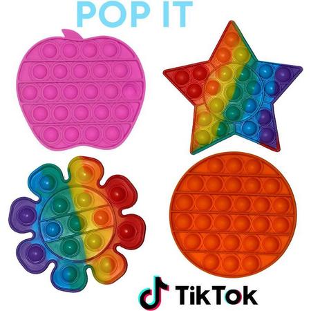 Pop IT 4 in 1 Pakket - Fidget Toys - 4 vormen voor extra plezier - Anti-Stress Fidget Toys - Appel Paars - Regenboog Bloemvorm - Regenboog Ster - Oranje Ronde vorm pop its