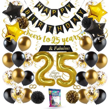 Fissaly® 25 Jaar Verjaardag Decoratie Versiering - Ballonnen – Jubileum Man & Vrouw - Zwart, Goud & Wit