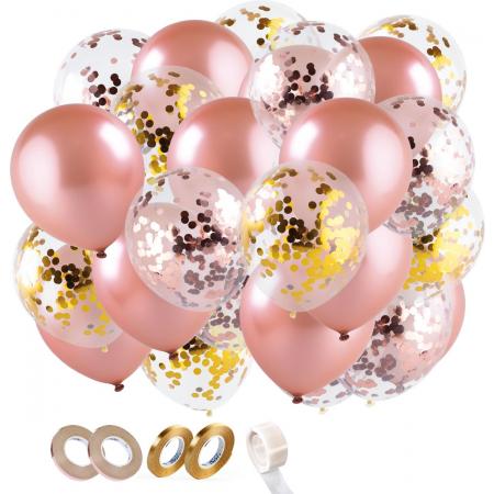 Fissaly® 60 stuks Rose Goud Helium Ballonnen Set met Lint – Decoratie – Confetti – Latex