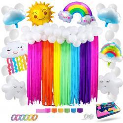  ® 79 Stuks Regenboog Wolken Decoratie Set – Feest Versiering met Ballonnen & Crepe Papier Slingers – Feestdecoratie Verjaardag & Themafeest