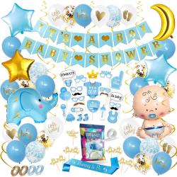 Fissaly® 80 Stuks Babyshower Jongen & Gender Reveal Versiering – Baby Boy – Mommy to Be Party Decoratie Pakket