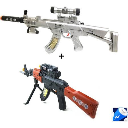 2x Speelgoed Geweer -  AK 47 69CM Geweer & Flash Gun Combat Geweer 76cm -2 stuks  (inclusief batterijen)