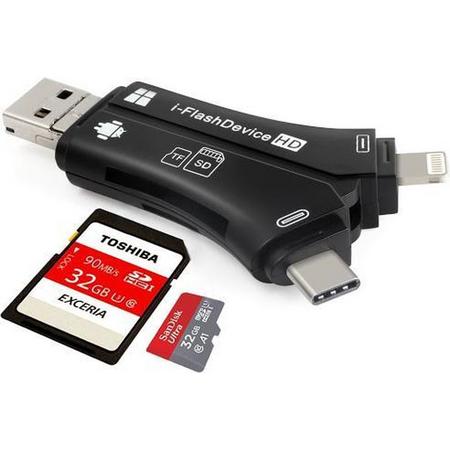 Micro SD-kaartlezer,  4 in 1 externe kaartlezer USB-stick Micro SD & TF Card Reader Adapter voor iPhone iPad Mac iOS Android Windows PC wit