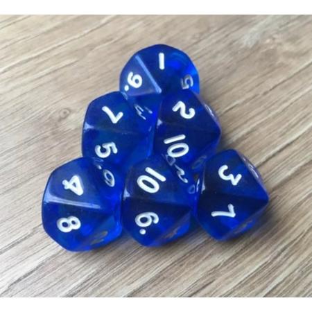 10-kantige dobbelstenen (cijfers 1-10) blauw doorzichtig 10 st