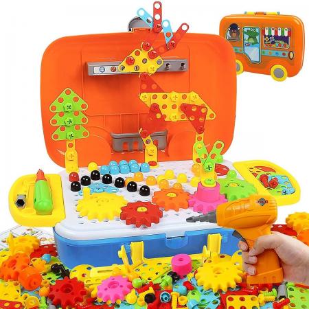 FlexToys® 3D Puzzel met 252 Bouwstenen - Mozaik Educatief STEM Speelgoed met Boormachine - Pedagogisch Speelgoed Cadeauset voor Kinderen