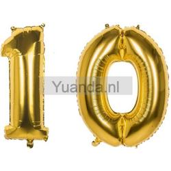 10 Jaar Folie Ballonnen Goud - Happy Birthday - Foil Balloon - Versiering - Verjaardag - Man / Vrouw - Feest - Inclusief Opblaas Stokje & Clip - XXL - 115 cm